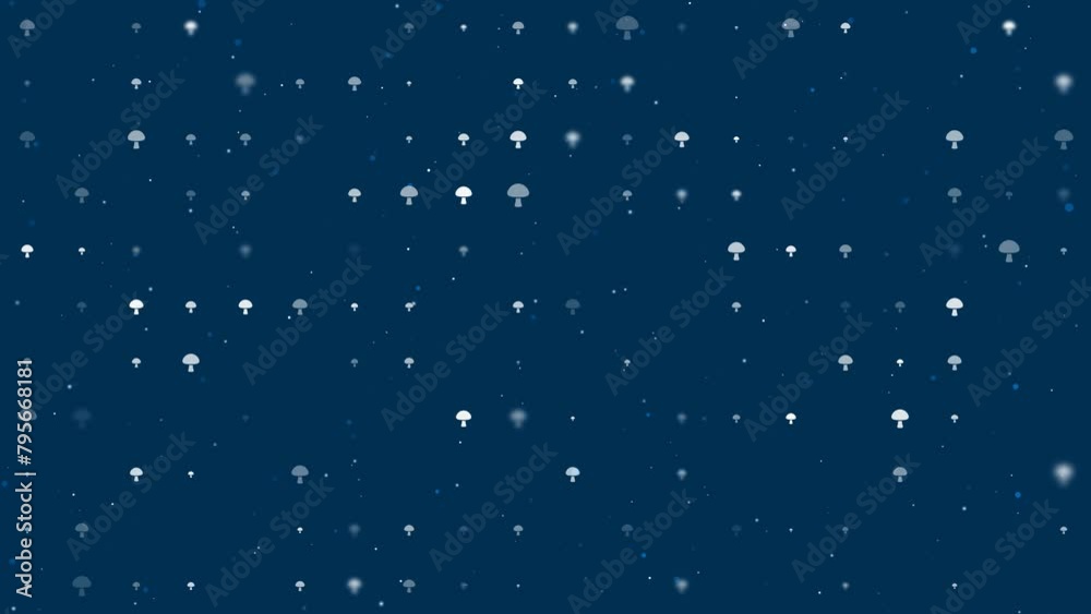Poster template animation of evenly spaced mushroom symbols of different sizes and opacity. animation of tr