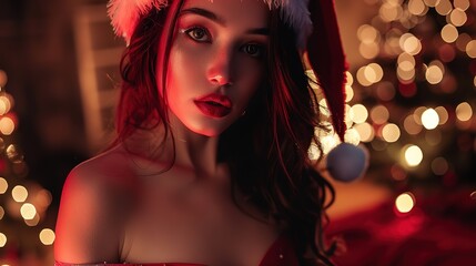 A pretty woman wearing a santa hat and a red dress.