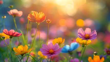 Beautiful field of colorful cosmos flowers in a meadow in nature basked in sunlight. A picturesque and colorful artistic close-up macro shot with a soft focus.