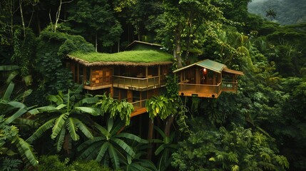 Eco-Friendly Treehouse with Green Roof, Nestled in a Dense Rainforest, Sustainable Living