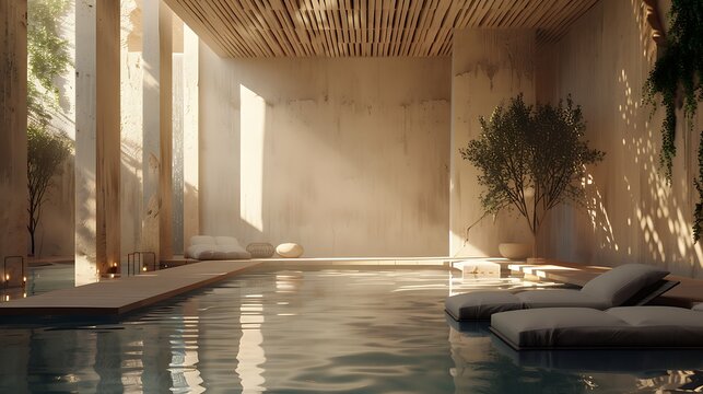 a serene digital scene where timber and clay architecture coexist, utilizing Vray to enhance the soft lighting and calming colors, creating a contemplativ