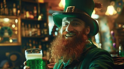 smiling leprechaun with green ale in bar st patricks day card - obrazy, fototapety, plakaty