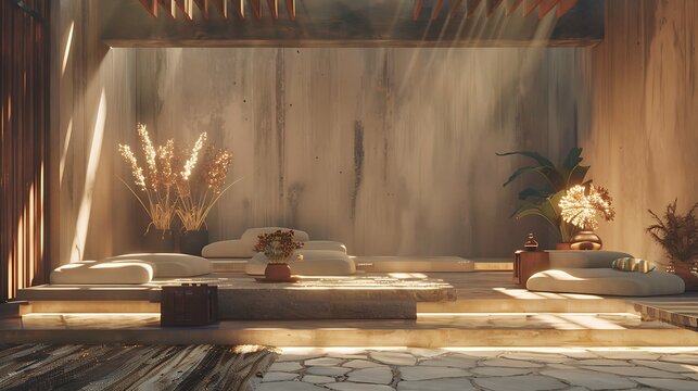a serene digital scene where timber and clay architecture coexist, utilizing Vray to enhance the soft lighting and calming colors, creating a contemplative 