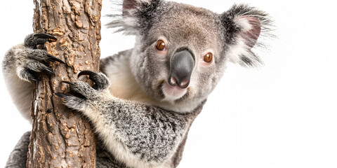 Cute koala bear clinging to a tree branch isolated on white background
