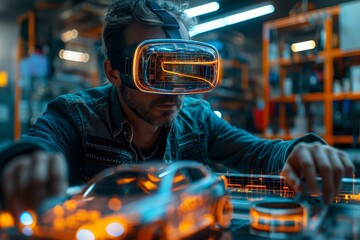 Man with VR headset tinkering with car model