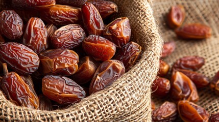 Obraz premium Dates in a hessian sack on a table