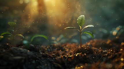 vitality of nature with a cinematic shot of a seedling pushing through the earth, illuminated by soft, natural light.