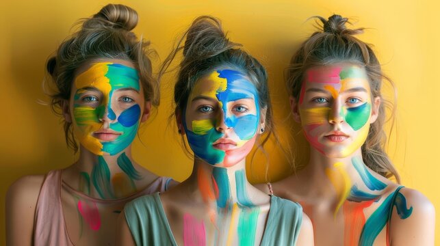 three women with painted faces colorful performance art concept diversity and creativity photo