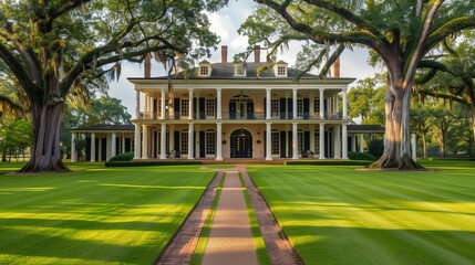 Grand Plantation House with Wide Verandas, Southern Oaks, Set in a Historical American South