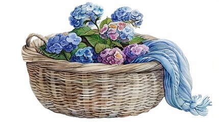 Fototapeta na wymiar Basket of blue and purple flowers Blue scarf beside