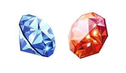 Two vector images of an orange and blue gemstone, isolated on white background.
