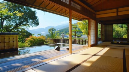 Traditional Japanese room with sliding doors opening to mountain view. Minimalist interior design concept - obrazy, fototapety, plakaty