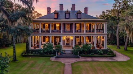 Grand Plantation House with Wide Verandas, Southern Oaks, Set in a Historical American South