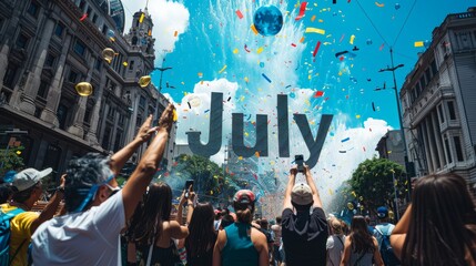 Crowd celebrating with confetti and large July sign during a sunny day