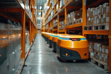 Behindthescenes at an online shopping warehouse, efficient robotics sorting packages, dynamic operation, bright day , cinematic