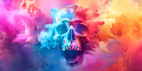 Festive Atmosphere  Skull Surrounded by Colorful Dust and Smoke for Happy Holi
