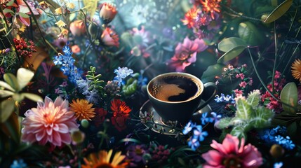 Black coffee cup in a floral environment with vibrant garden flowers. Botanical freshness and morning energy concept - obrazy, fototapety, plakaty