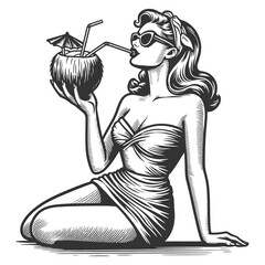 Naklejka premium 1950s pin-up girl sipping a drink from a coconut, summer vibes and retro charm sketch engraving generative ai fictional character vector illustration. Scratch board imitation. Black and white image.