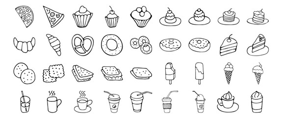 Icon set of food and drink, fast food, sweets, cookies, coffee. Hand drawn vector monochrome doodles in line style. Line contour  in sketch style.