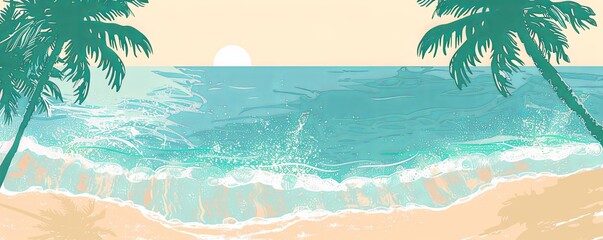 Seaside landscape with palm trees, setting sun, and flying birds. Retro style beach illustration with textured look