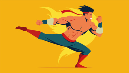 The abdominal muscles are engaged and toned as a fighter twists their torso generating torque for a powerful roundhouse kick. - obrazy, fototapety, plakaty
