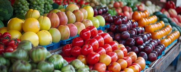 Colorful array of fresh fruits and vegetables neatly arranged on a market stand. Healthy lifestyle and organic food concept