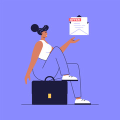 Concept of job offer, recruitment search, start career, vacancy. We’re hiring poster. Man employee with case receiving mail with job offer. Recruitment search. Vector illustration in flat design