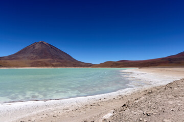Bolivia, Verde Lagoon, Avaroa National Park. Beautiful lake with green toxic water. Wide frame.