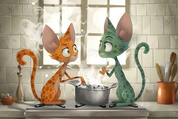 Two pretty cute cats cooking dinner at the kitchen