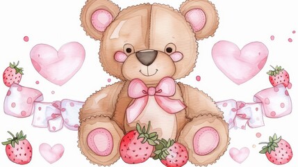  Teddy bear with pink bow and strawberry on white background Heart motifs surrounding the scene