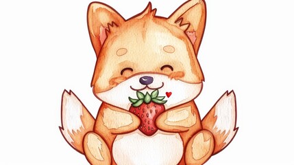 Fototapeta premium A fox holding a strawberry in its mouth and a heart in its paws