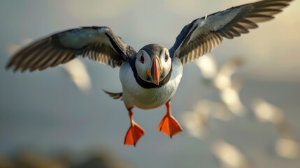 Close-up of Atlantic puffin in flight, (Fratercula arctica) cliff top Hebidish Coas, Photo of a Puffin bird in Iceland, during the summer, beautiful a blue sky. - Powered by Adobe