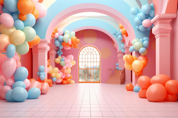 Hallway filled with balloons on ceiling