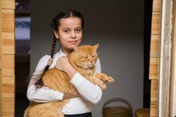 A girl holds a red cat in her arms.