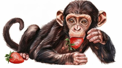   A chimpanzee depicting one hand holding a strawberry and the other hand consuming it