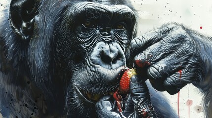   A painting of a gorilla holding a red strawberry in its mouth, covered in blood on its body