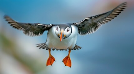 Close-up of Atlantic puffin in flight, (Fratercula arctica) cliff top Hebidish Coas, Photo of a Puffin bird in Iceland, during the summer, beautiful a blue sky.
