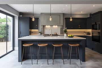 Contemporary modern kitchen interior in navy dark blue colors and concrete elements.