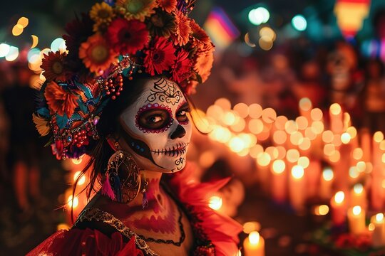 Medium shot of a woman in Day of the Dead face paint and costume at a Day of the Dead night parade in Mexico.