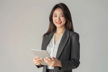 A cheerful young Asian woman, dressed in a suit, using a digital tablet with a professional demeanor. Isolated on a light background