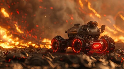 Capture an otherworldly scene with CG 3D, showcasing advanced gadgets amidst a raging wildfire Utilize ominous lighting to highlight the futuristic tech among the chaotic flames Engage viewers with an - obrazy, fototapety, plakaty
