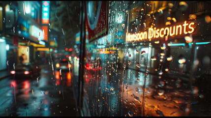 Rainy Day Shopping Street with Neon Sign Discounts