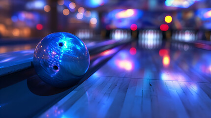 Close-up of a red and green bowling ball in a bowling alley. AI generative. - obrazy, fototapety, plakaty