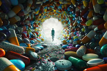 Path Through Pill Maze to Recovery Light - obrazy, fototapety, plakaty