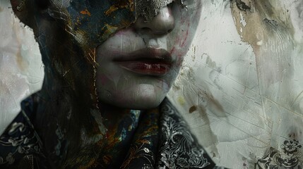 Illustrate a close-up view of a dystopian fashion trend featuring distressed fabrics and dark, gritty tones, showcasing a mixture of traditional watercolor techniques and digital graphic overlays