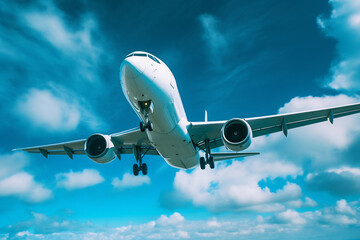 Obraz premium Civil airplane is flying above the day clouds, travel trip vacation