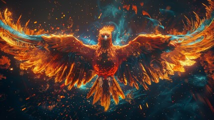 Render an intricate frontal portrait of a mystical phoenix rising from fiery ashes, its feathers ablaze with vibrant hues Experiment with unique camera angles that enhance the mythological aura, blend