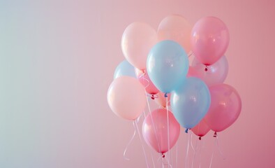 pastel-colored balloons floating in the air,   for a birthday party background. Web banner with copy space