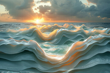 Layers of translucent waves crashing against a virtual shore, their foam illuminated by the glow of...
