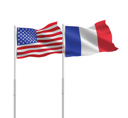 American and French flags together.USA,France flags on pole